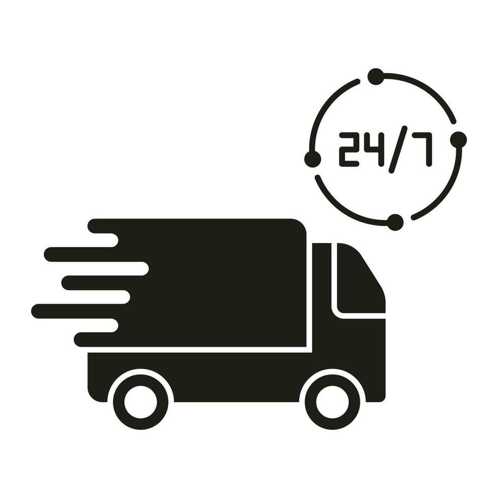 Delivery Service 24 7 Silhouette Icon. Express Cargo Vehicle Around The Clock Glyph Pictogram. Parcel Shipment Time Symbol. Twenty-Four Hour Delivery Solid Sign. Isolated Vector Illustration.