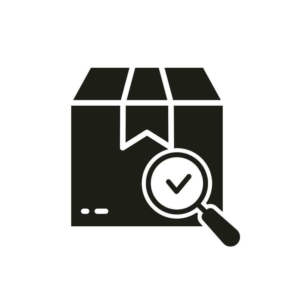 Delivery Service Silhouette Icon. Check Parcel. Carton Box with Magnifier and Checkmark Glyph Pictogram. Approved Product Solid Sign. Quality Goods in Container Symbol. Isolated Vector Illustration.