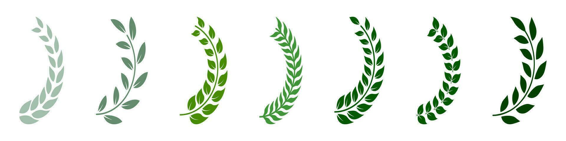 Olive Leaf Ornate, Vintage Tree Branch, Floral Border. Laurel Wreath In Half Circle Shape Color Icons Set. Natural Heraldic Decoration Symbol Collection. Isolated Vector Illustration.