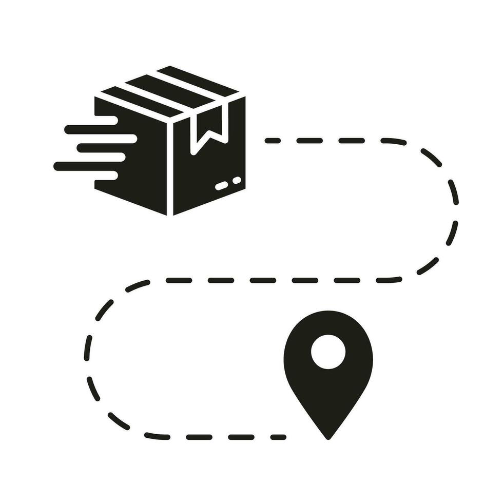 Parcel Location Silhouette Icon. Delivery Service Route Glyph Pictogram. Pin on Map with Box Solid Sign. Shipment Distance Symbol. Order Path. Isolated Vector Illustration.