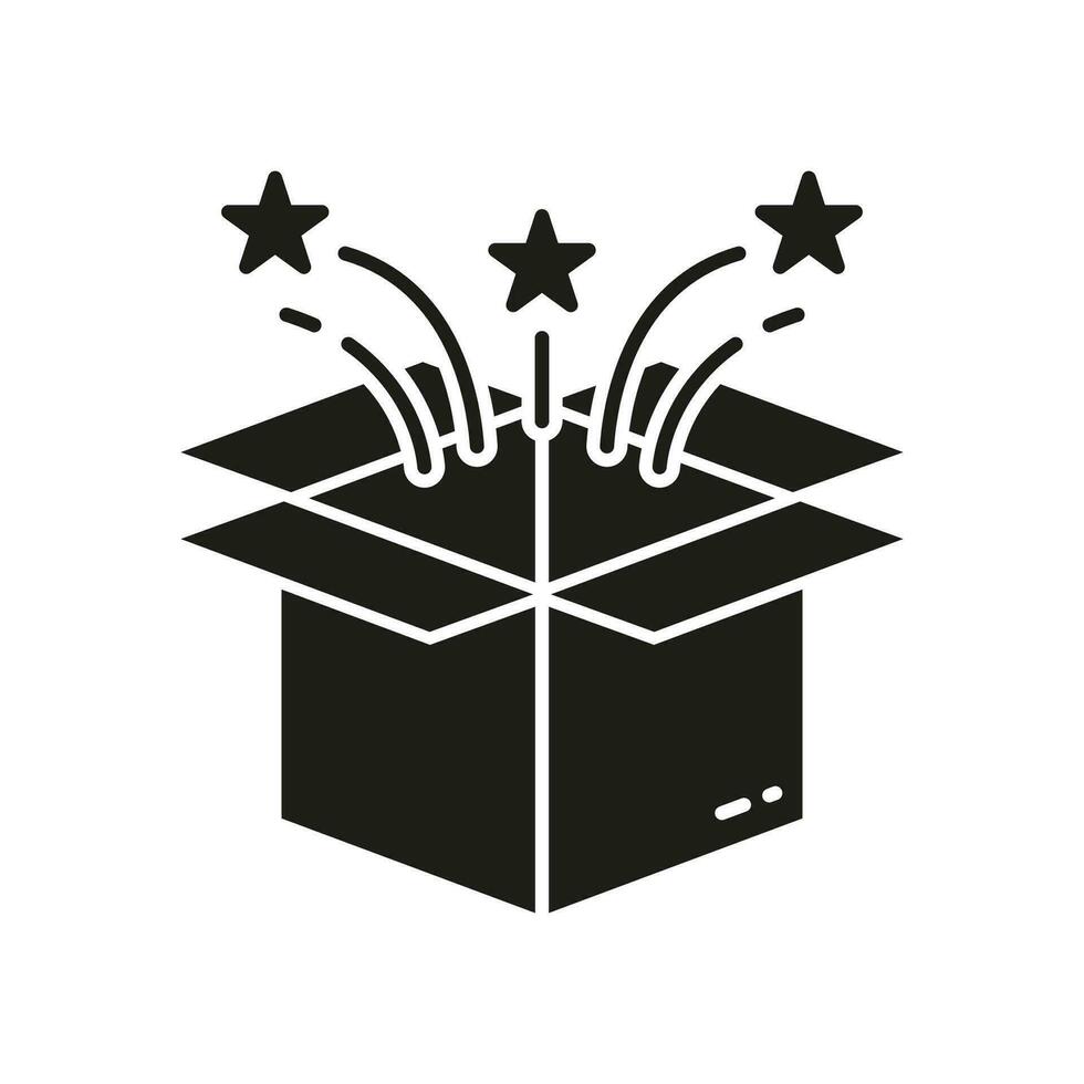Magic Box Surprise Silhouette Icon. Christmas Magic Package with Confetti Glyph Pictogram. Open Birthday Present Solid Sign. Greeting Gift, Celebration Prize Symbol. Isolated Vector Illustration.