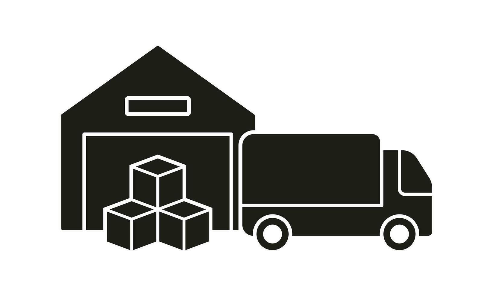 Transportation and Storehouse Silhouette Icon. Logistic Symbol. Truck and Warehouse Glyph Pictogram. Cargo Box Load Into Vehicle From Storage Building Solid Sign. Isolated Vector Illustration.