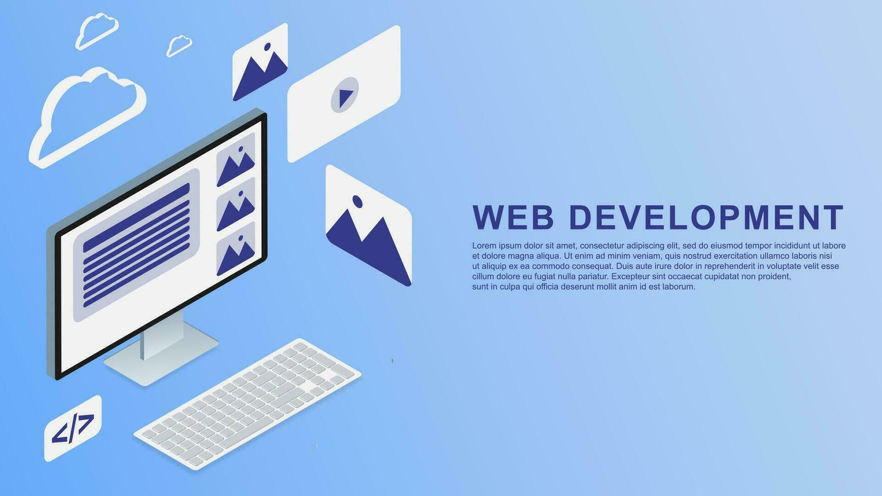 Web development isometric design. Computer with visual screen concept background. Vector illustration.