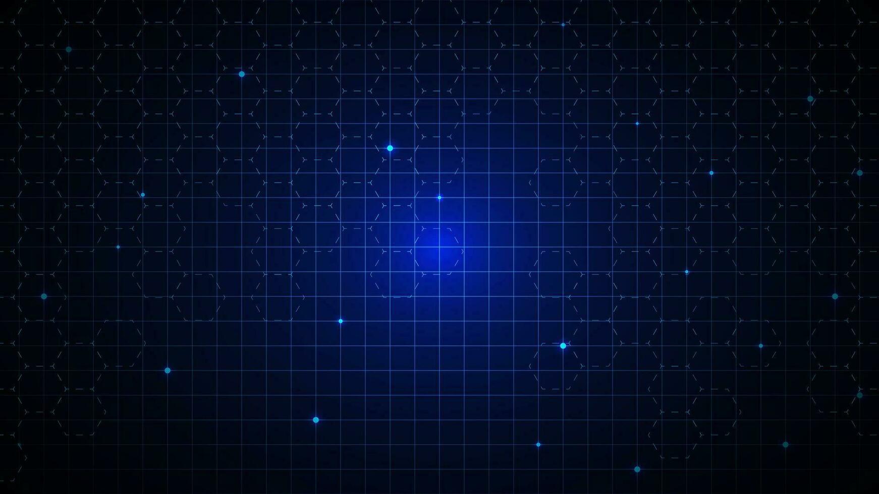 Abstract grid with hexagon shapes and glowing particles. Modern technology, network connection and global communication concept background. Vector illustration.