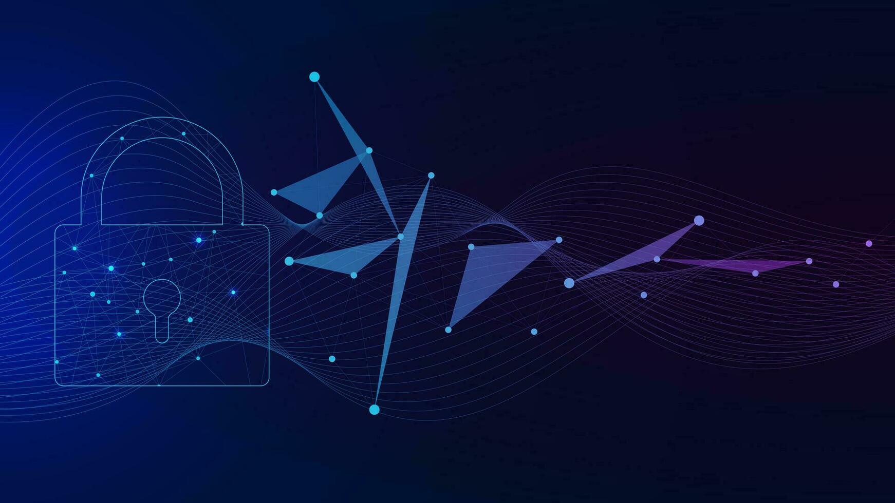Cyber security technology concept with padlock and plexus on dark blue background. Vector illustration.