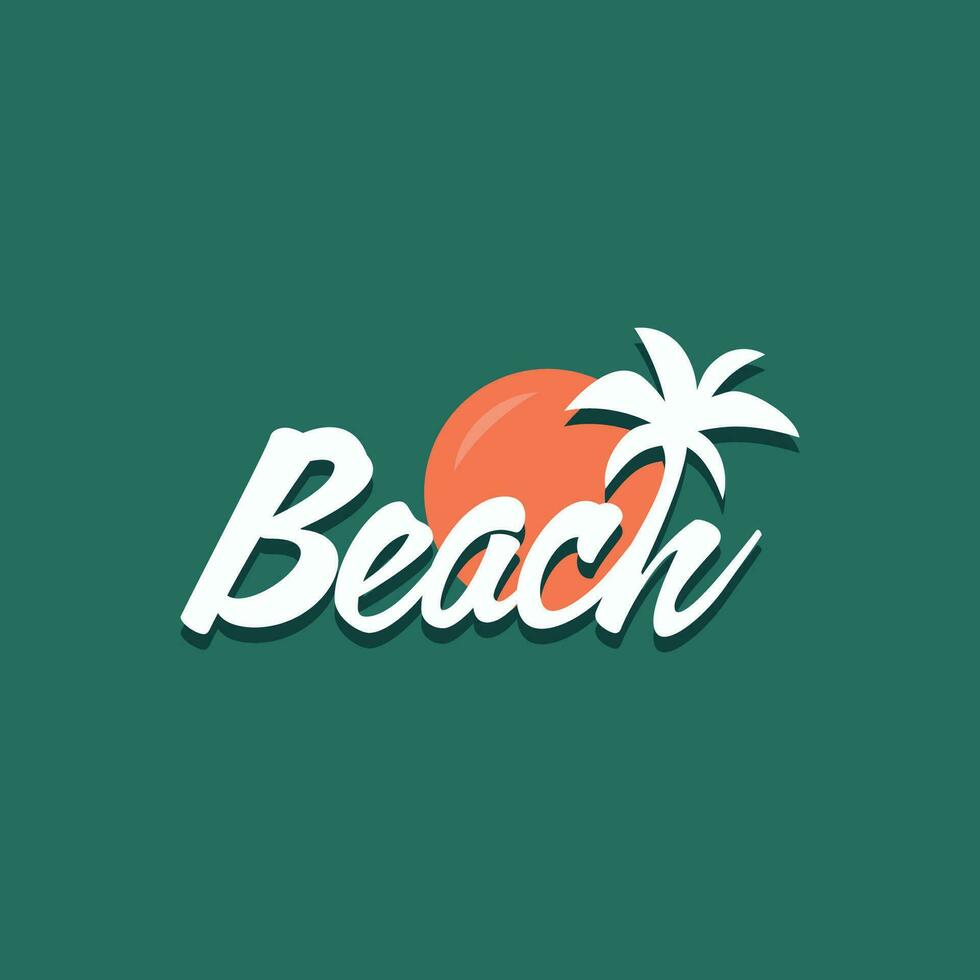 playa logo con letra diseño estilo combinación de palma arboles y puesta de sol vector