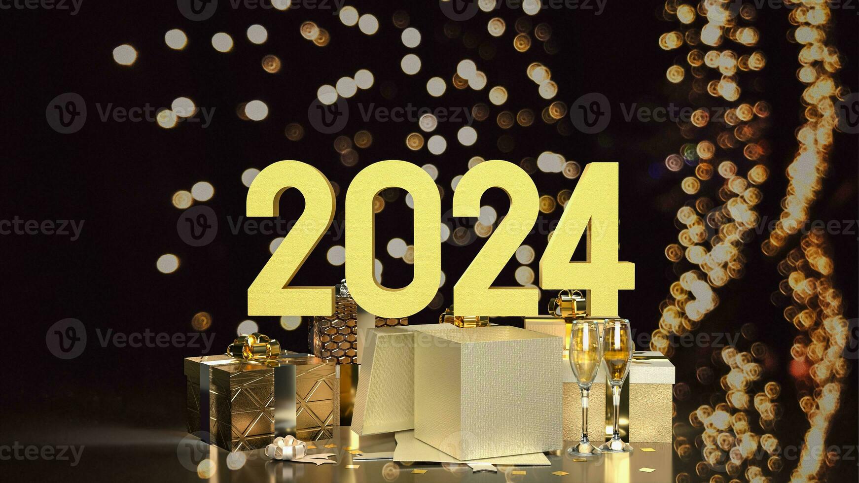 el oro número y regalo caja para celebracion 2024 3d representación foto