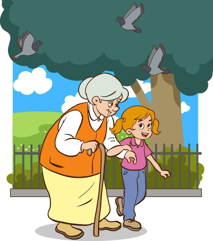 Grandmother and granddaughter walking in the park. Cartoon vector illustration.