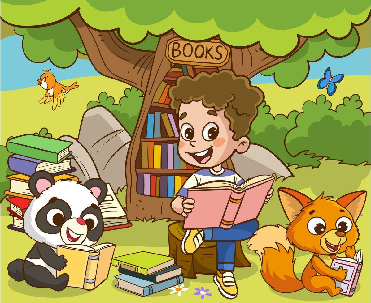 libro lector, linda bosque vida y espalda a colegio de buen tono vector escena.libros día, al aire libre biblioteca para inteligente animales y niños.