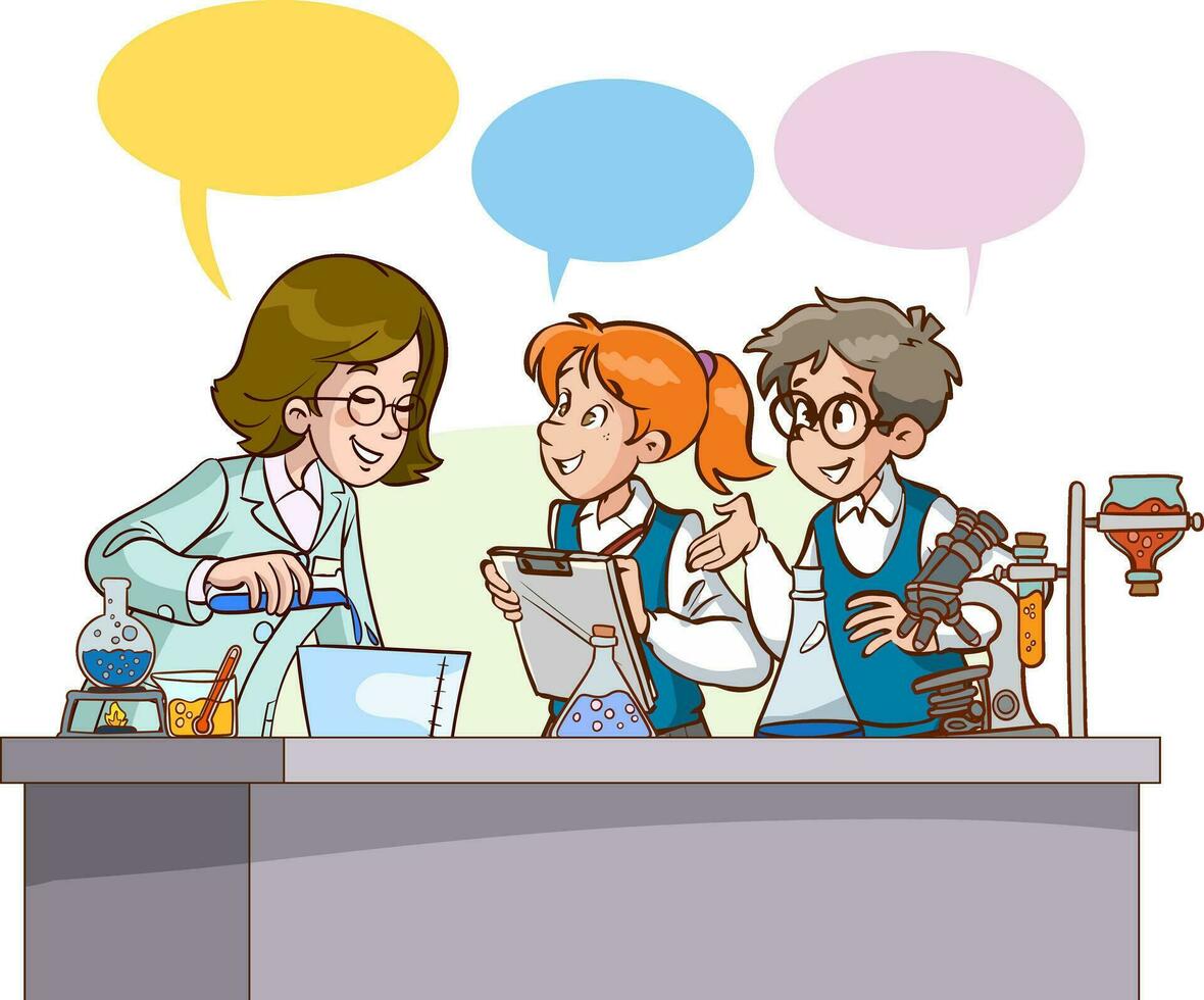 Teacher and students working in a chemistry class. Cartoon vector illustration.