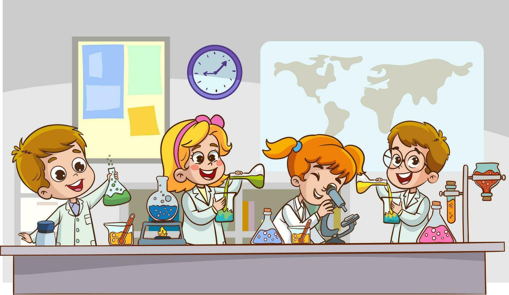 vector ilustración de un química lección con un linda estudiantes en un laboratorio.