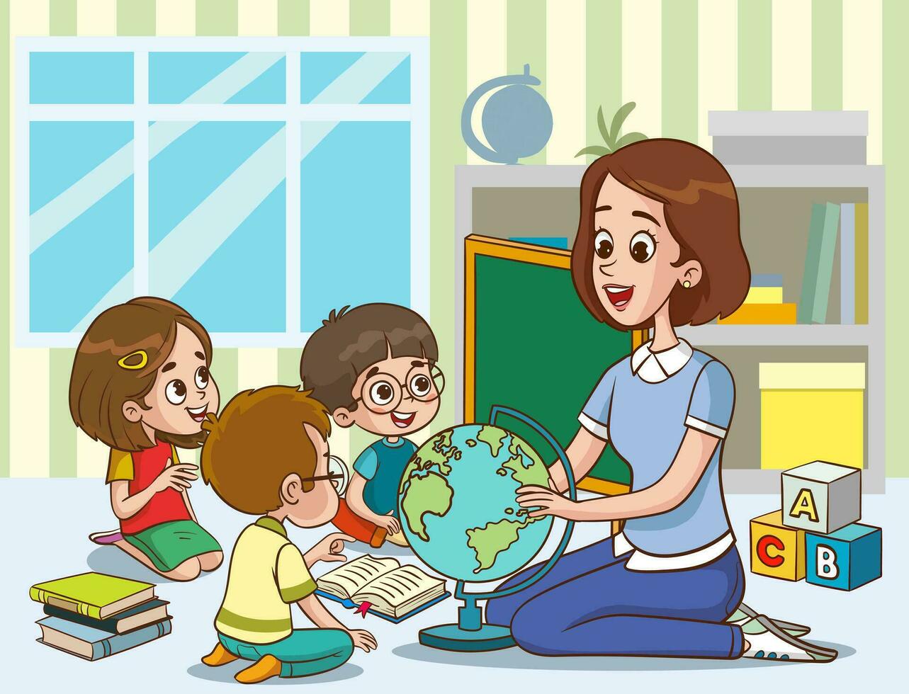 teacher with kids and globe in the classroom vector illustration graphic design