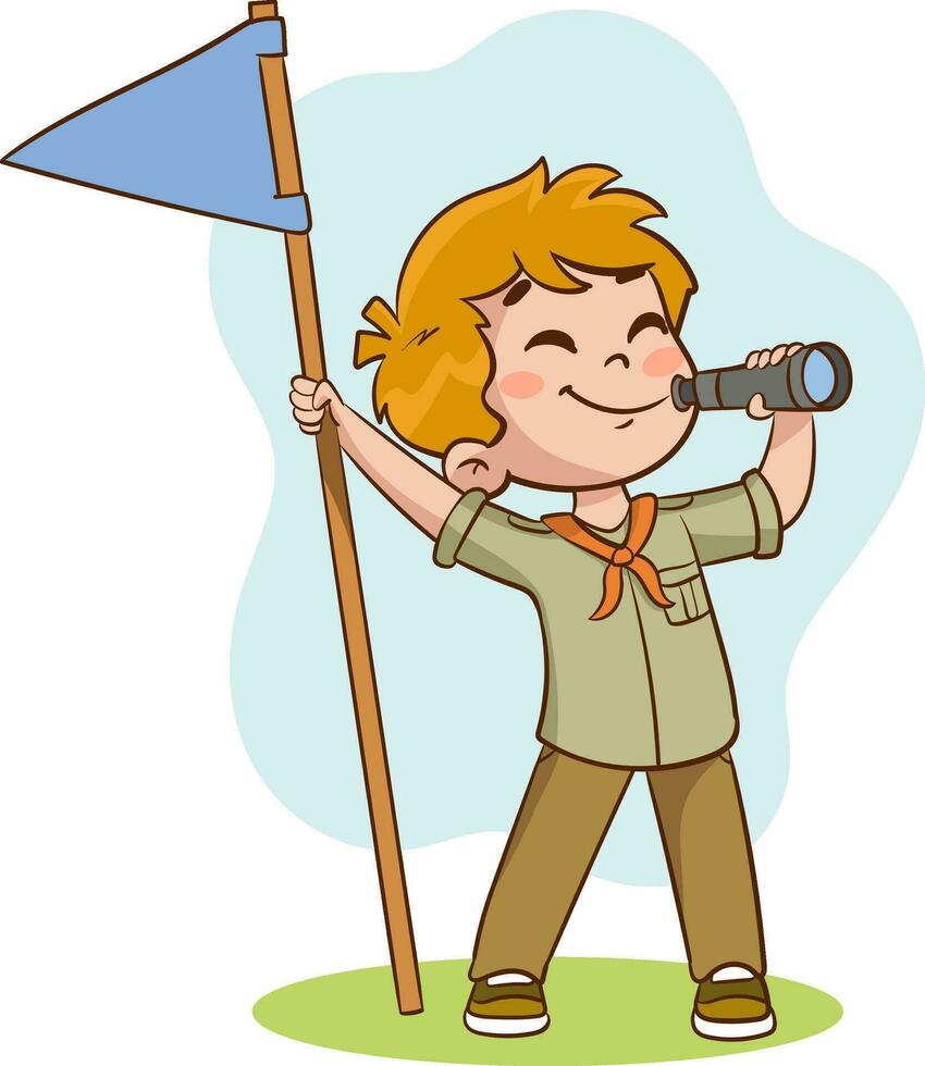 Illustration of a Kid Scout Holding a Flag and Looking at the Camera vector