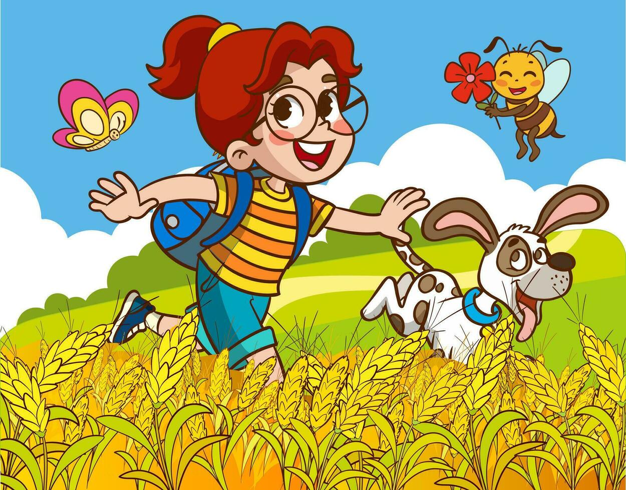 Girl with dog and bee in the field. Vector illustration of cartoon character.