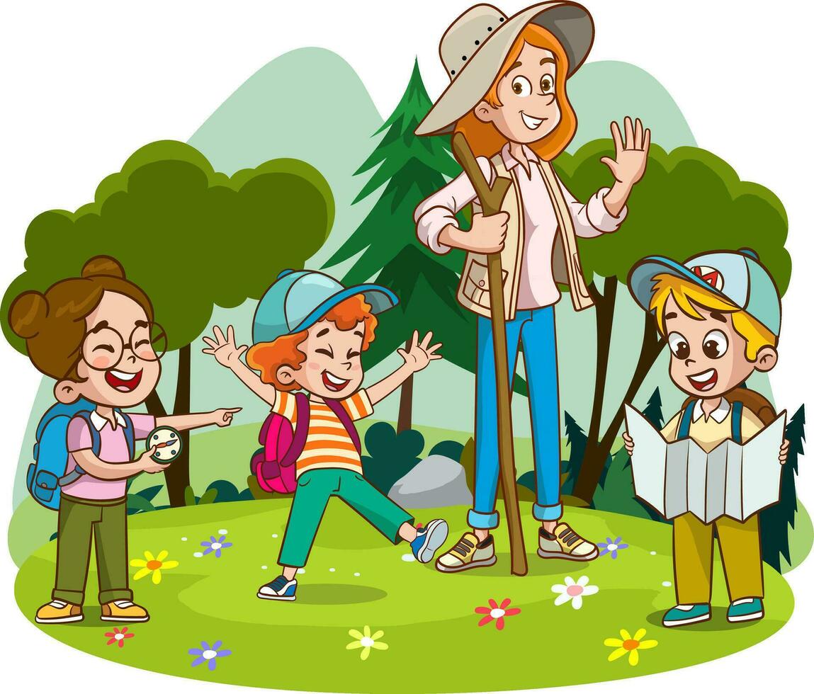 Vector Illustration Of Kids Camping and trekking