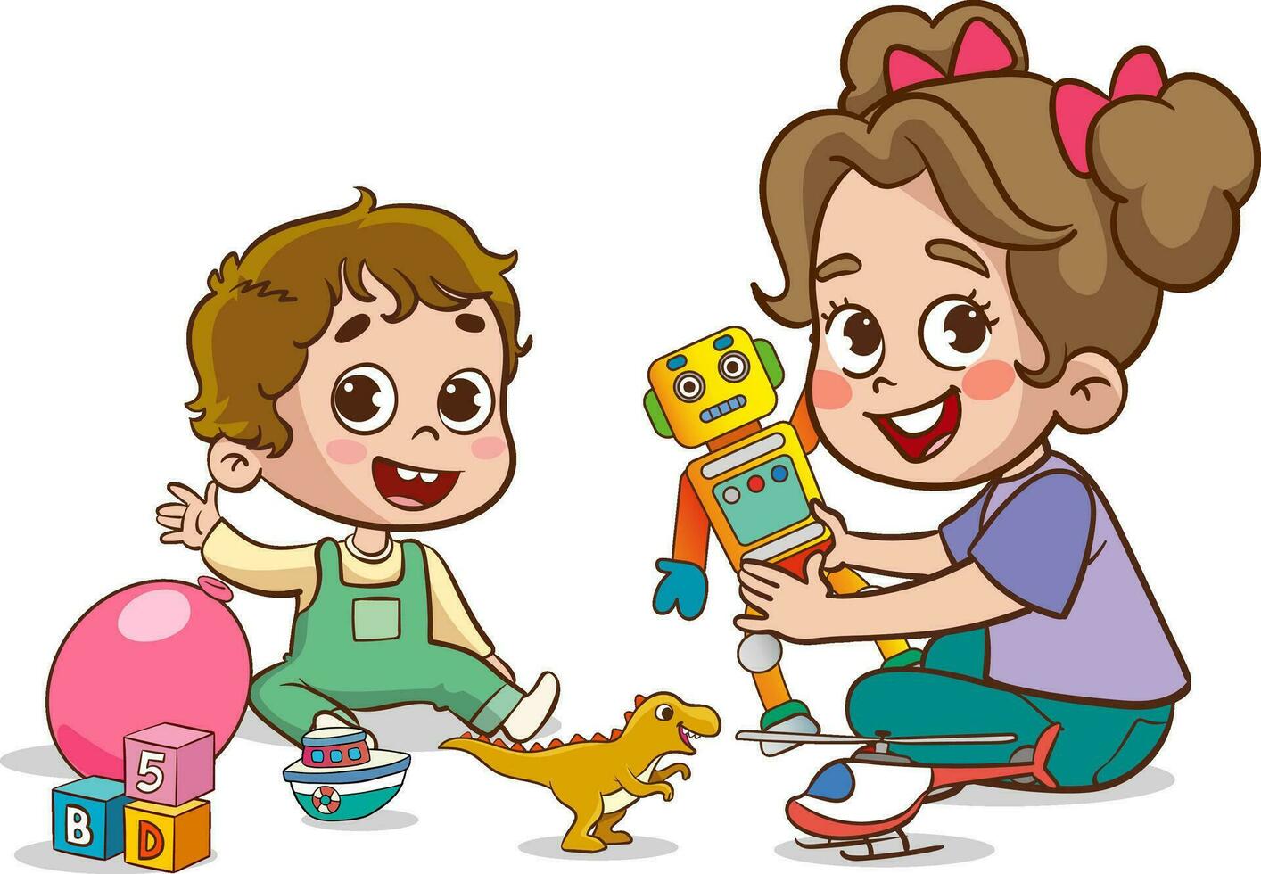 vector Illustration of Kids Playing with a Toy Robot and Toys