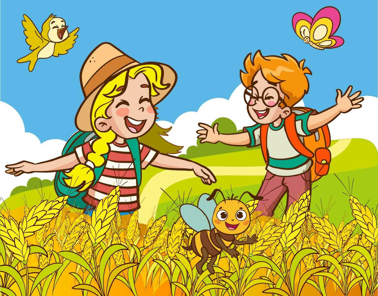 Boy and girl in wheat field. Vector illustration of kids with backpacks.