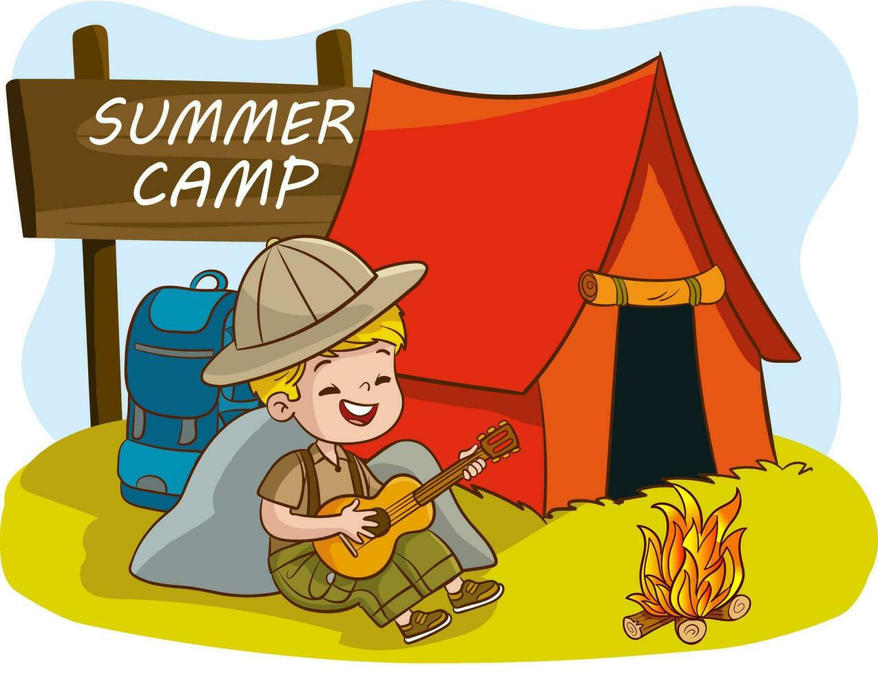 Illustration of a Little Boy Playing the Guitar and Camping Tent vector