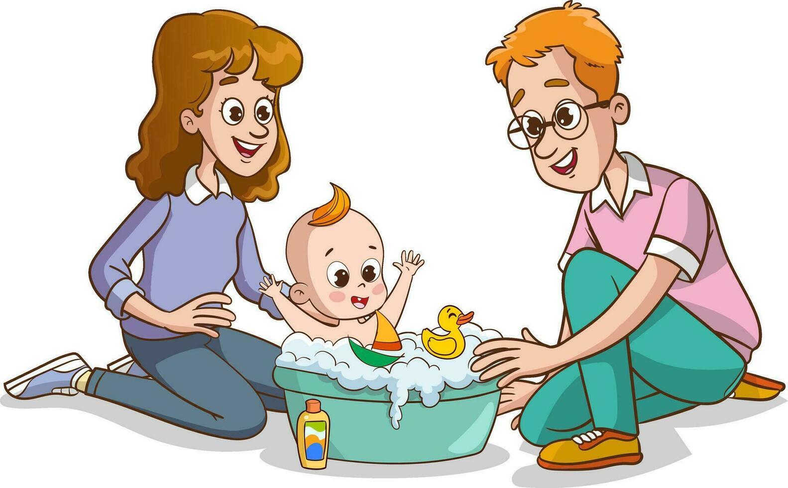 ilustración de un contento familia tomando un bañera con un bebé chico vector