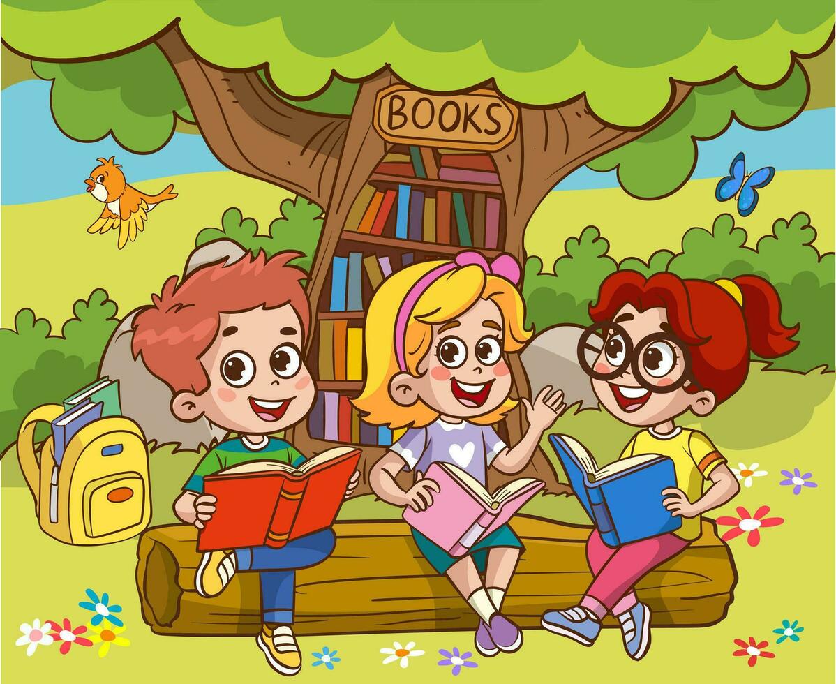 libro lector, linda bosque vida y espalda a colegio de buen tono vector escena.libros día, al aire libre biblioteca para inteligente animales y niños.