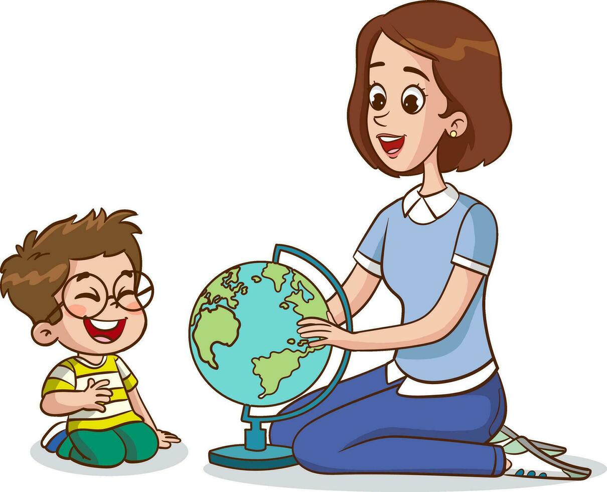 teacher with kids and globe in the classroom vector illustration graphic design