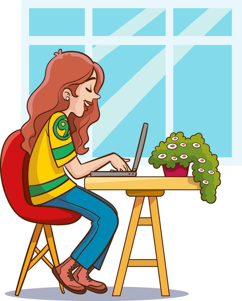 mujer trabajando en un ordenador portátil a hogar. vector ilustración en dibujos animados estilo.