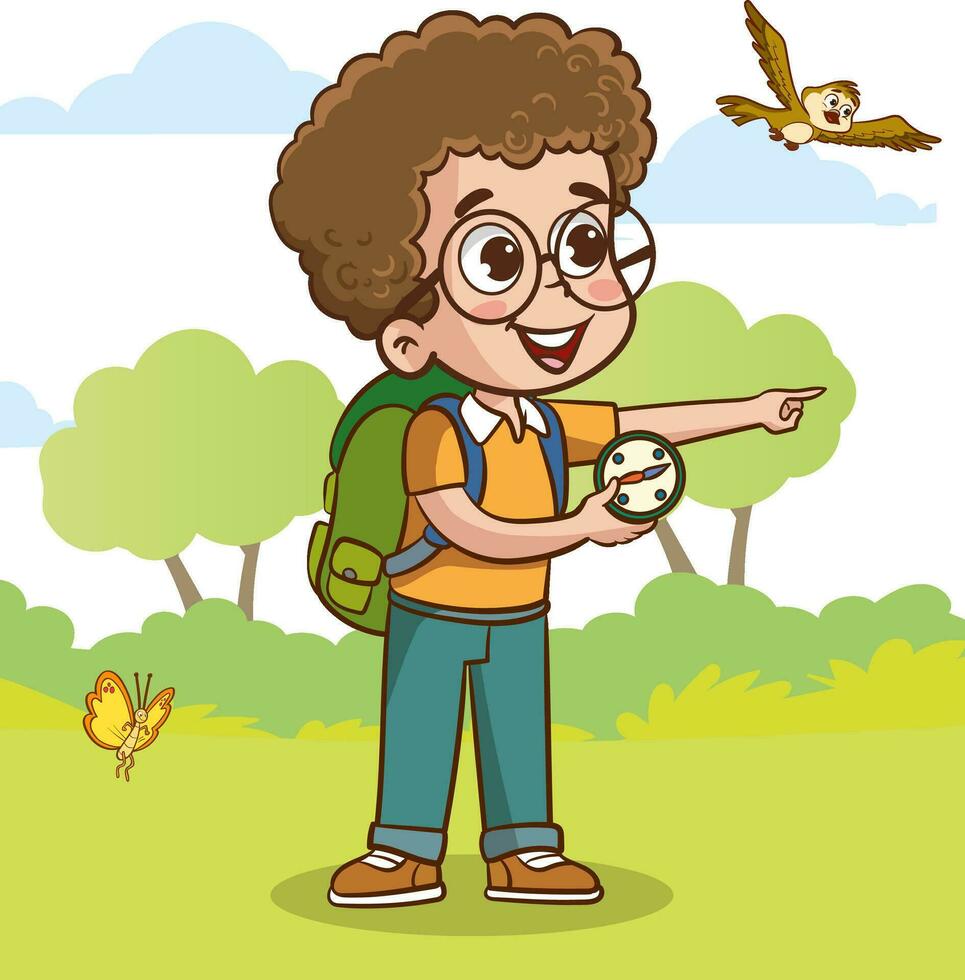 Boy with backpack and map looking at compass. Vector illustration in cartoon style