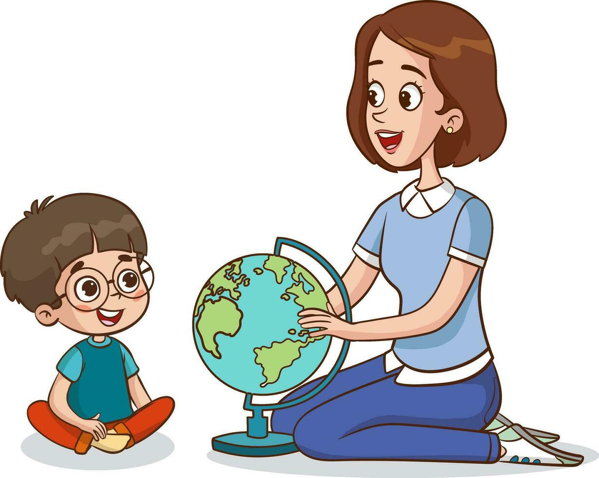 teacher with kids and globe in the classroom vector illustration graphic design