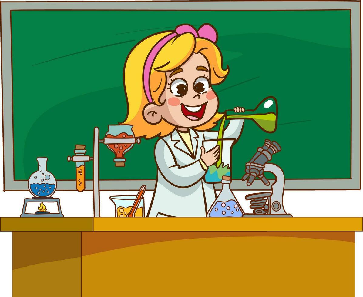 vector ilustración de un química lección con un linda estudiantes en un laboratorio.
