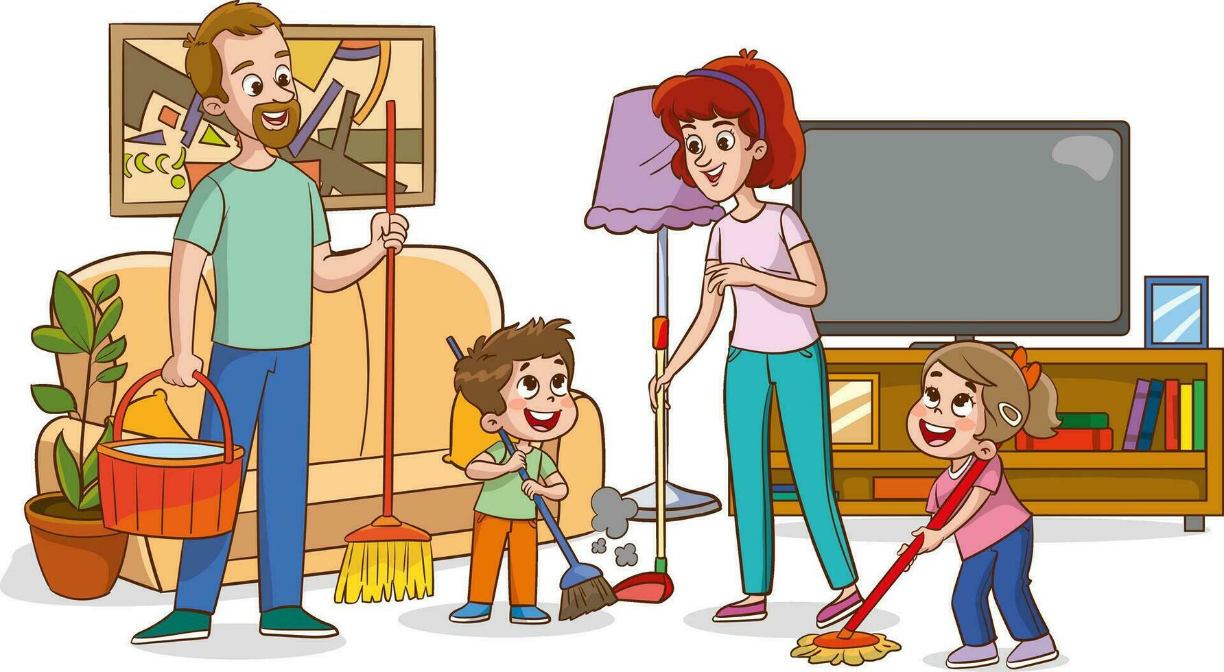 Family cleaning house. Cartoon illustration of family cleaning house vector