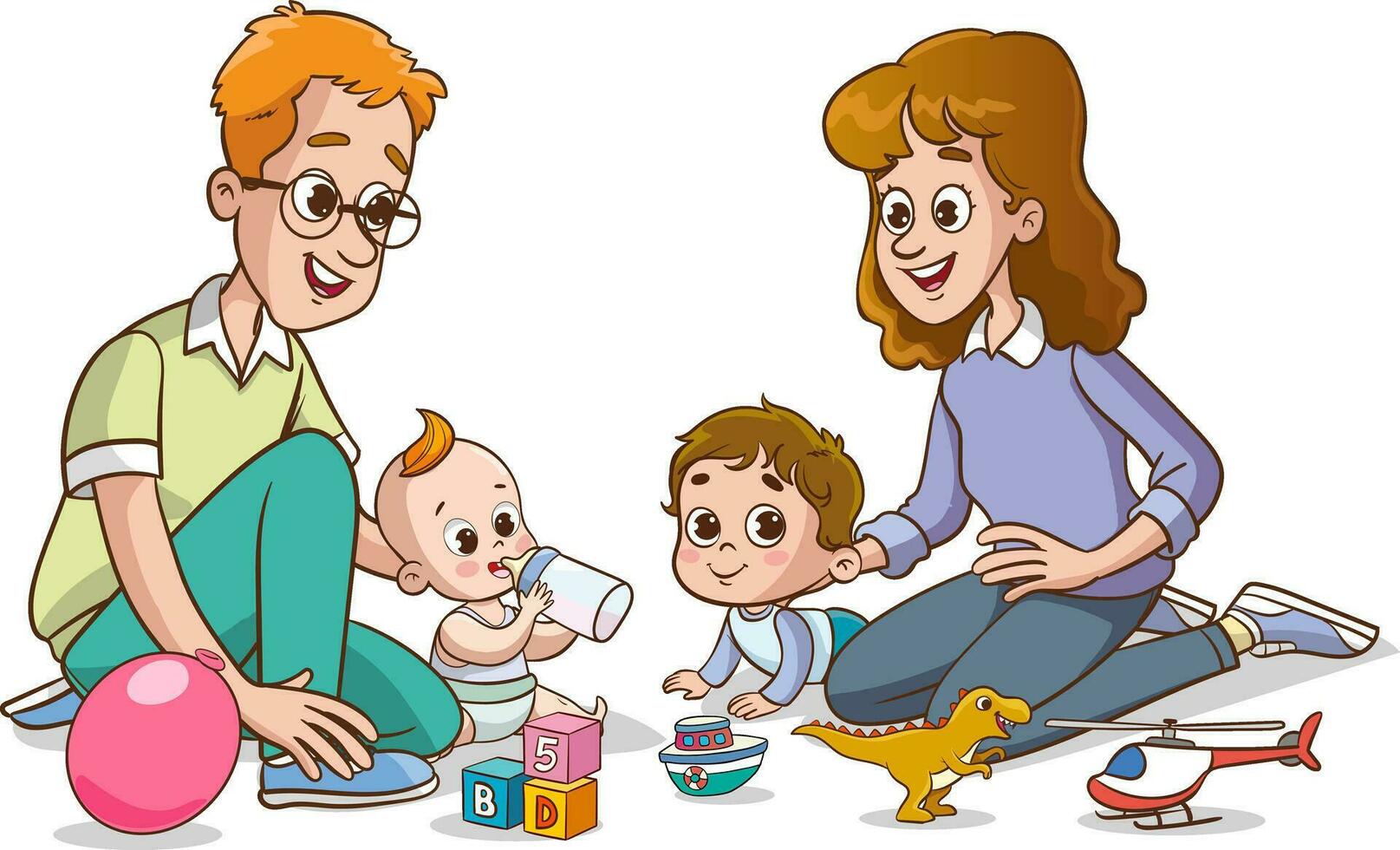 Mother and father playing with their baby. Vector illustration of a cartoon family.