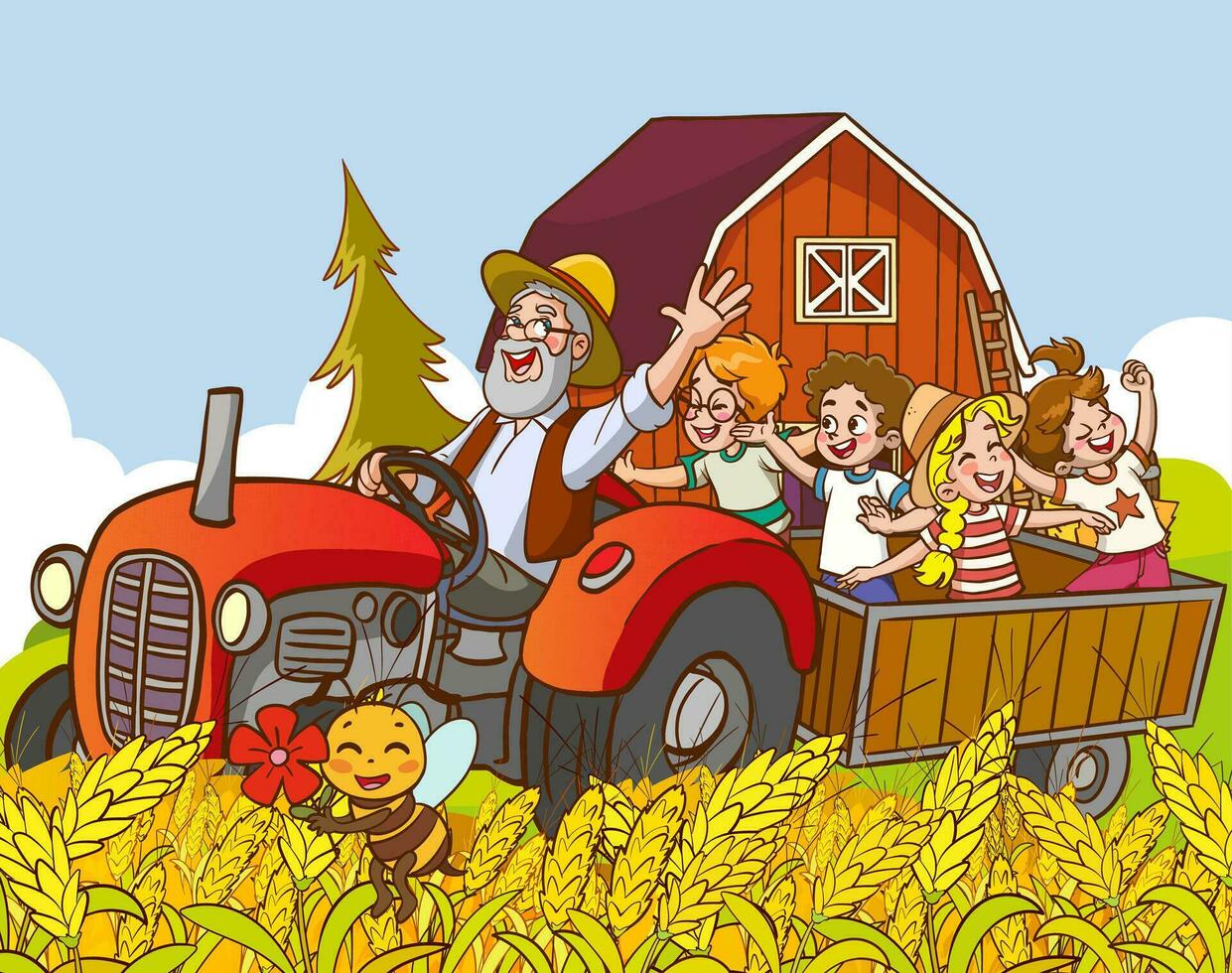 Cartoon illustration of happy family having fun on farm with tractor. vector