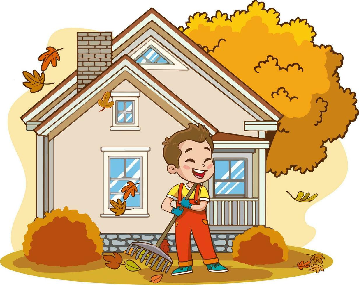 Little boy raking leaves in front of his house. Vector illustration.