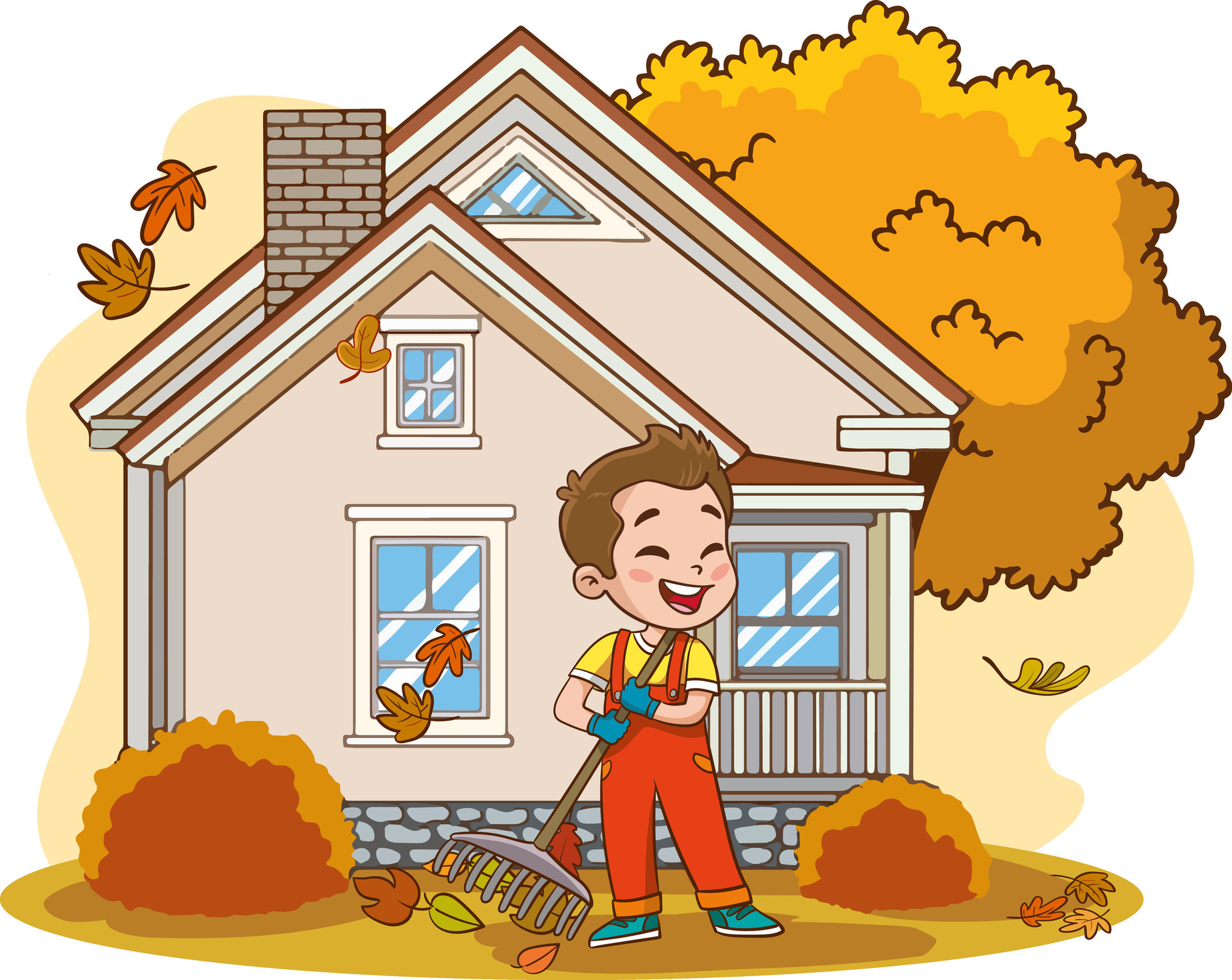 Little boy raking leaves in front of his house. Vector illustration ...