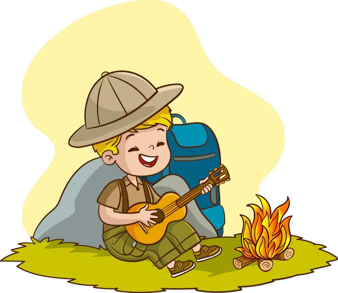 ilustración de un chico alrededor un hoguera con un guitarra vector