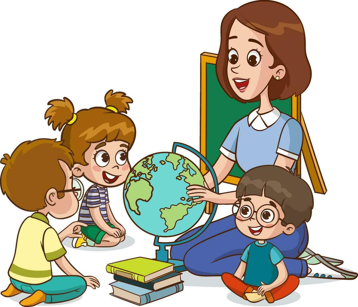 profesor con niños y globo en el salón de clases vector ilustración gráfico diseño