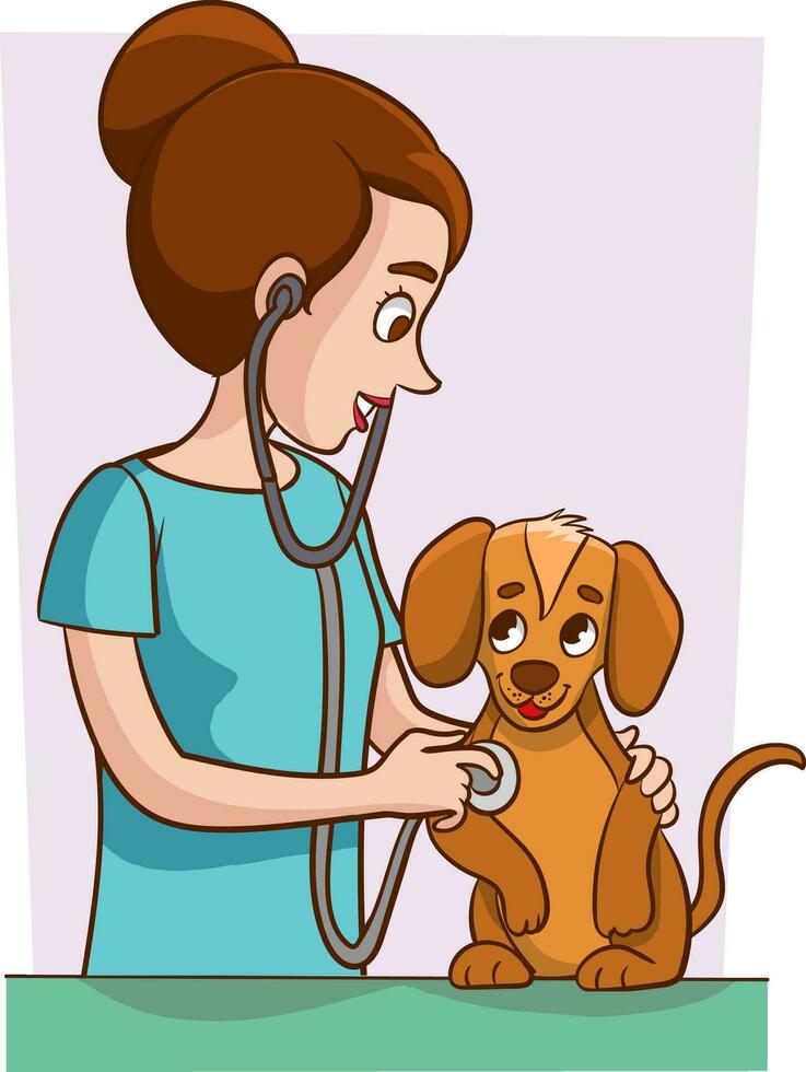 ilustración de un hembra veterinario participación un perrito perro vector