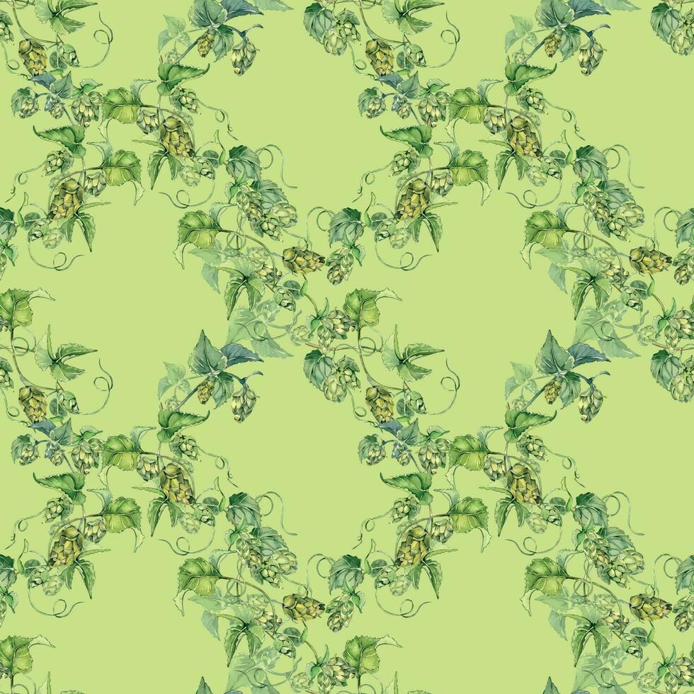 Hop vine, plant humulus watercolor seamless pattern isolated on green background. Hop on brunch with leaves, hop cones hand drawn. Design element for wrapping, label, packaging, paper, textile vector