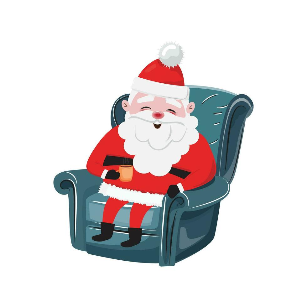 Santa Claus drinking hot chocolate in the armchair. Vector holiday illustration.