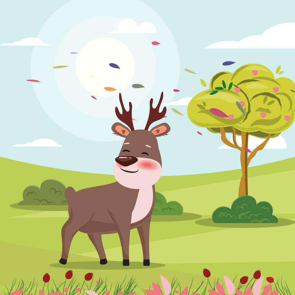 Beautiful illustration of a cute reindeer on the spring landscape background vector
