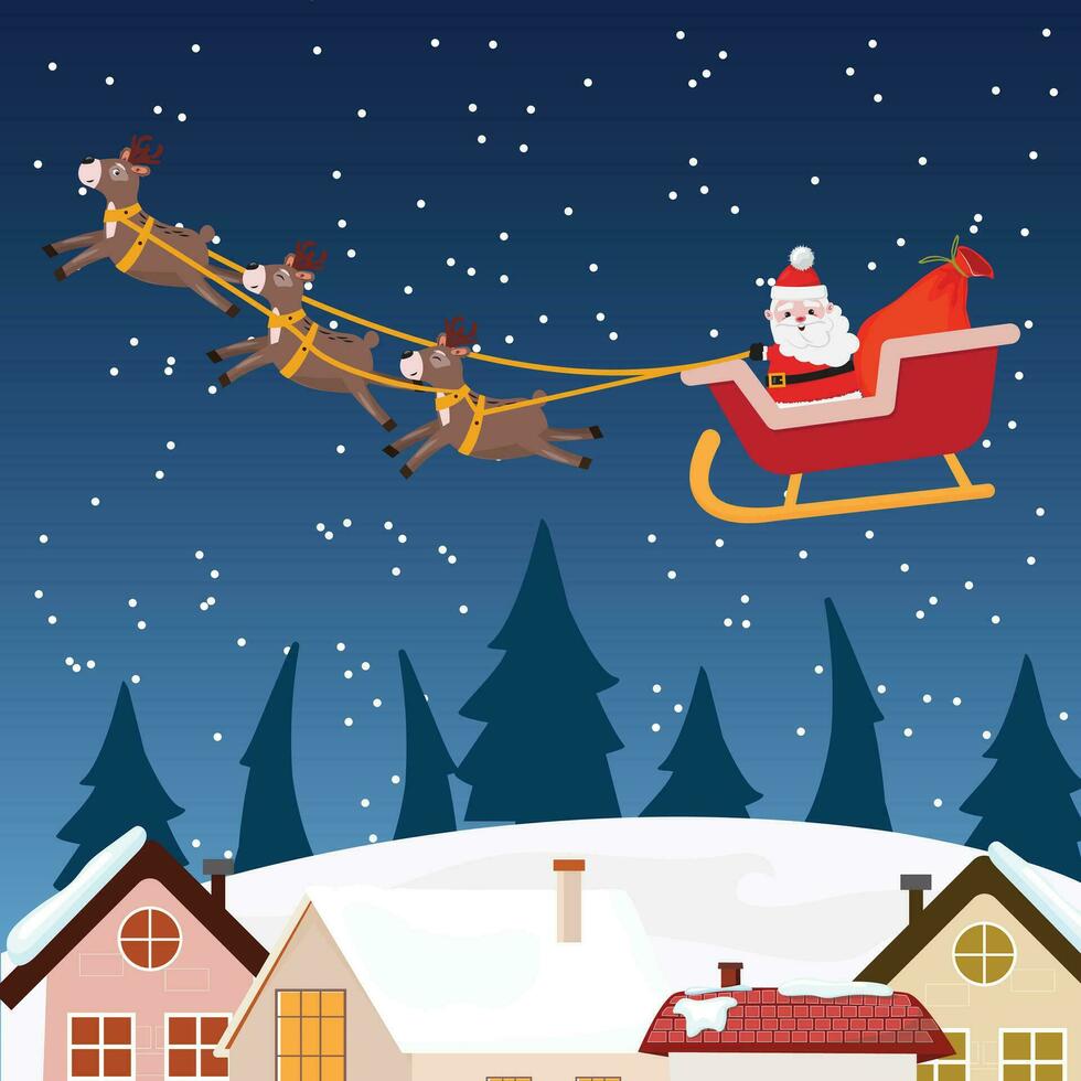 Cartoon illustration of  santa claus sitting and flying in the sled at night. Magical Christmas night illustration vector