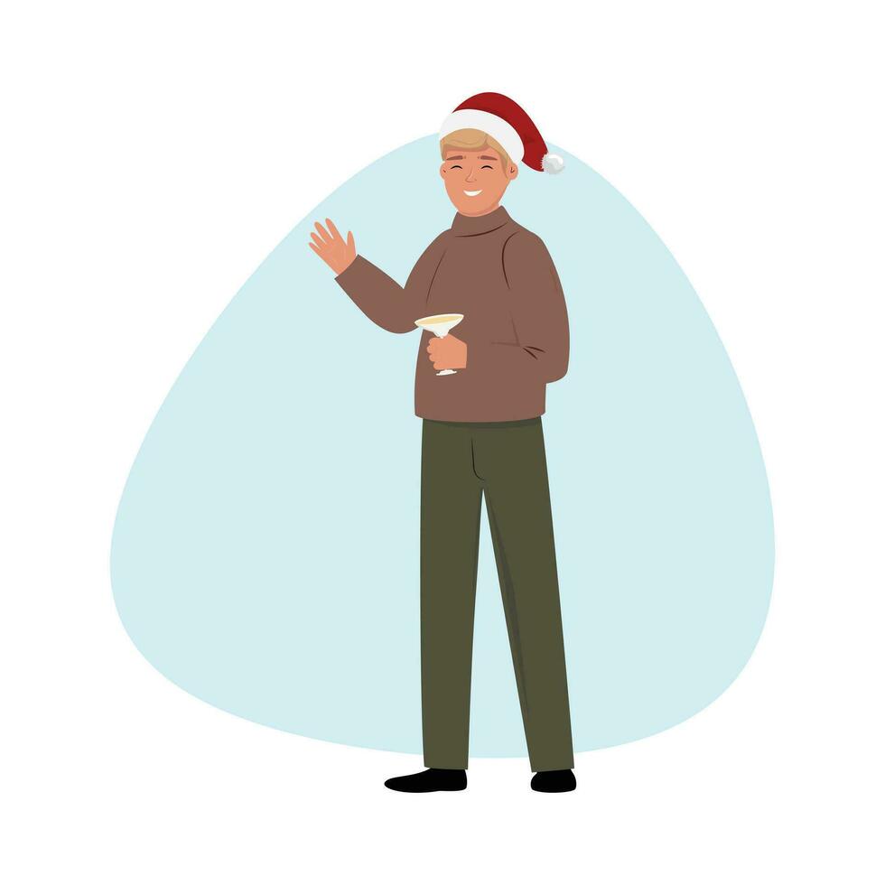 Christmas illustration of a man drinking cocktail from a glass and celebrating vector
