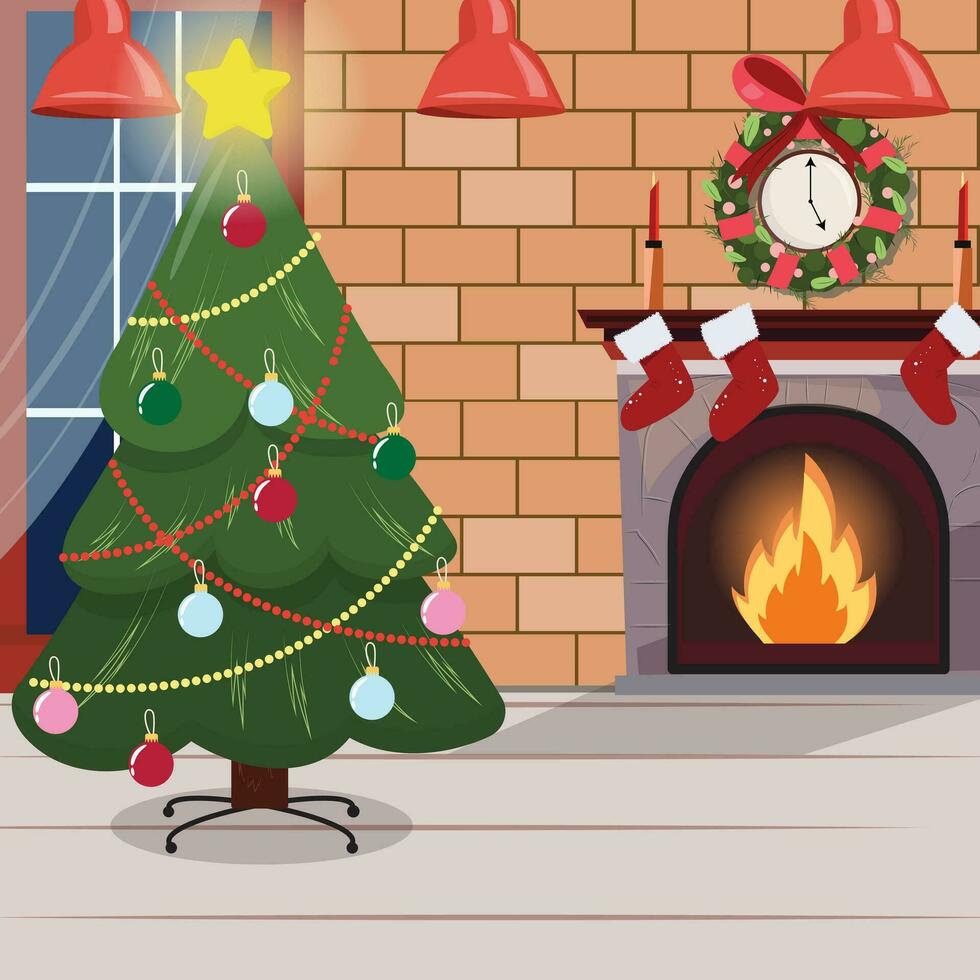 Winter holiday illustration indoor with a fireplace, decorated Christmas tree and window vector