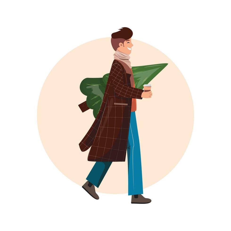 Happy walking man with a cup of coffee and carrying a fir tree for Christmas vector