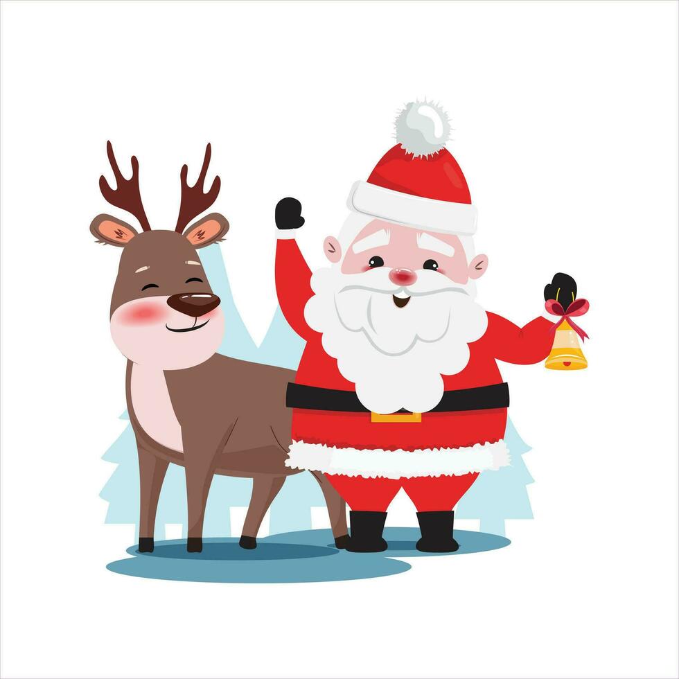 Santa Claus holding a golden bell, happy deer next to him vector