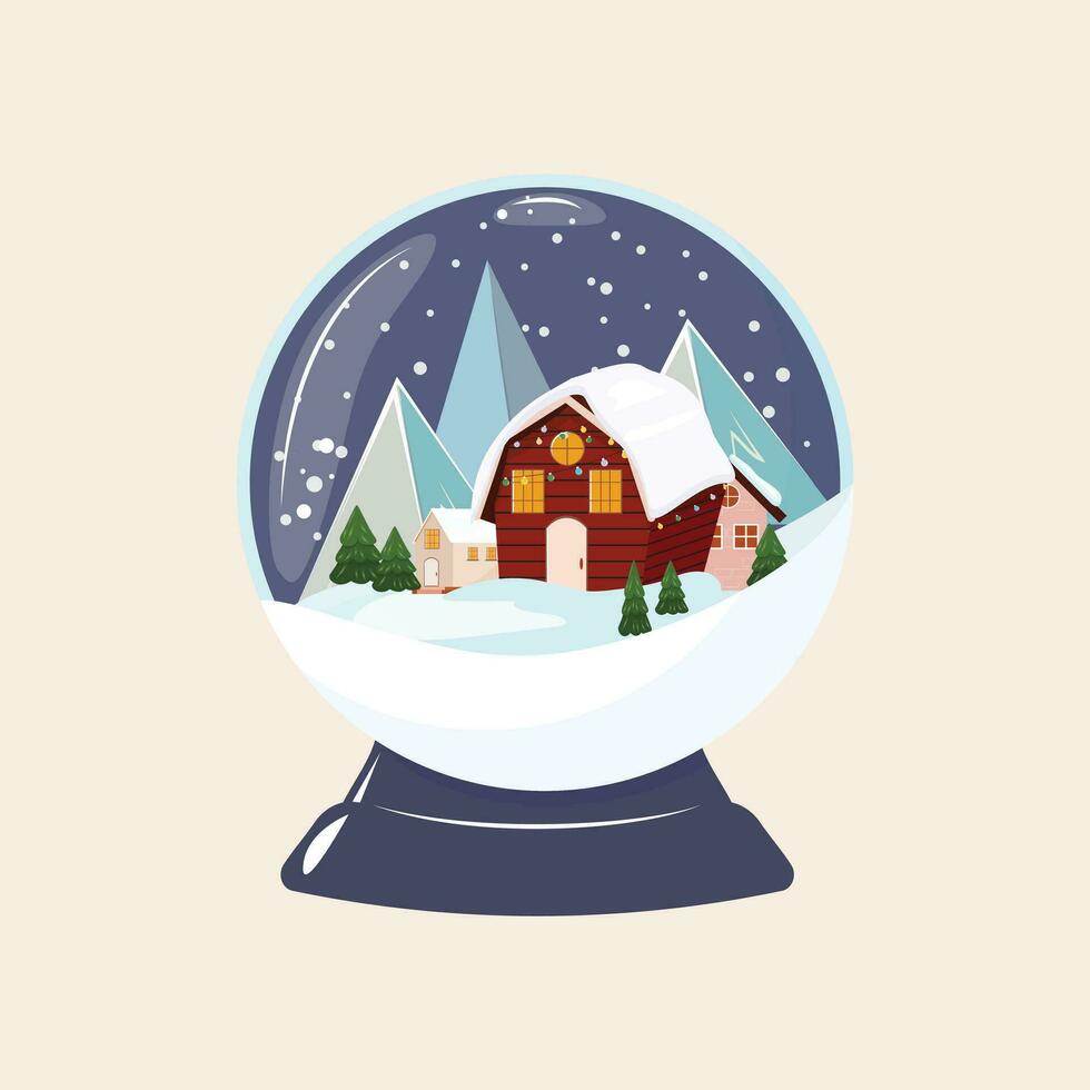 Snow globe with winter landscape and cute red cabin vector