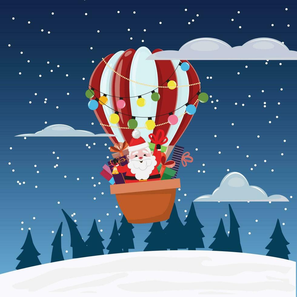 Santa Claus delivering with a hot air balloon gifts to children at night vector