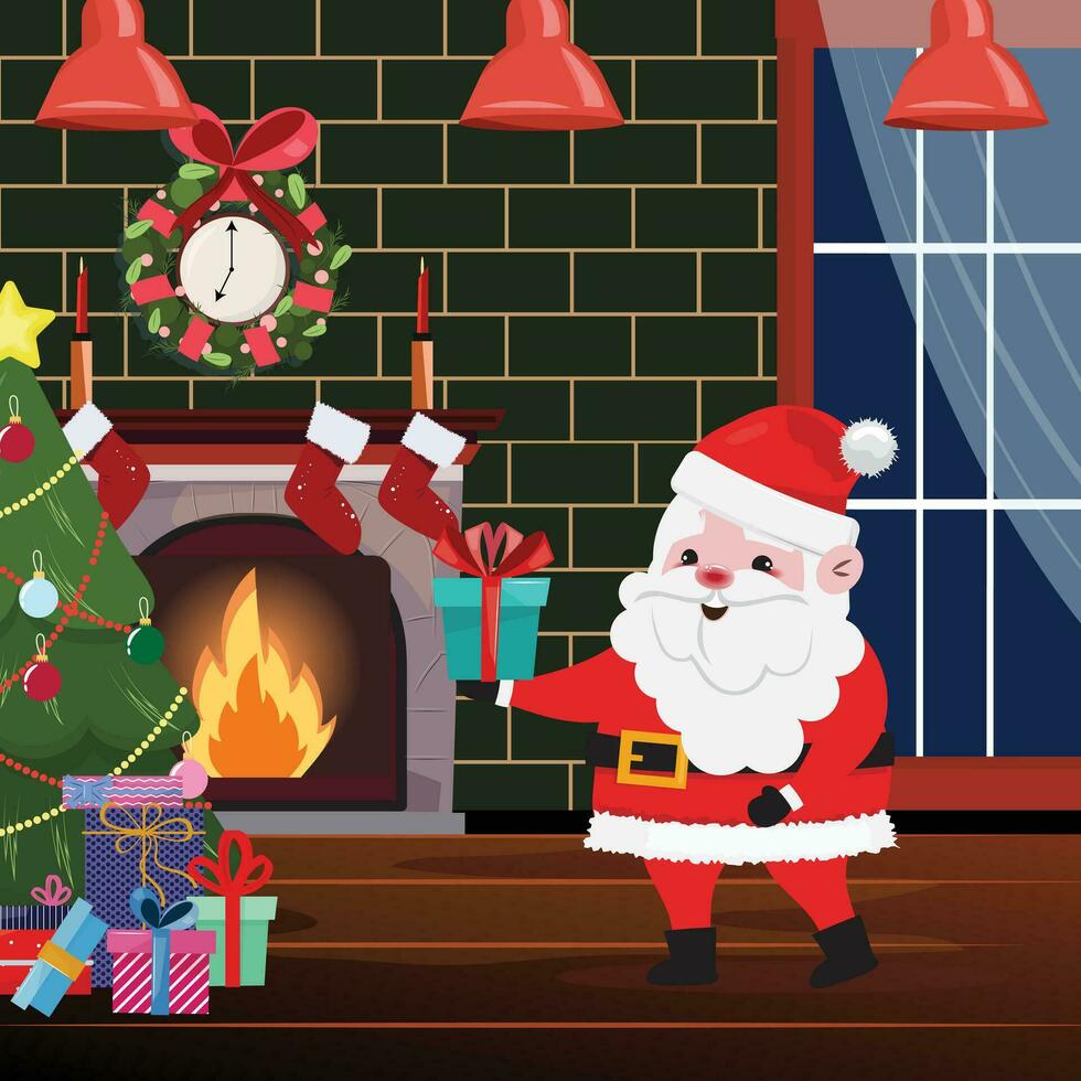 Illustration of a cute Santa Claus walking at night indoor and putting a gift boy under the Christmas tree vector