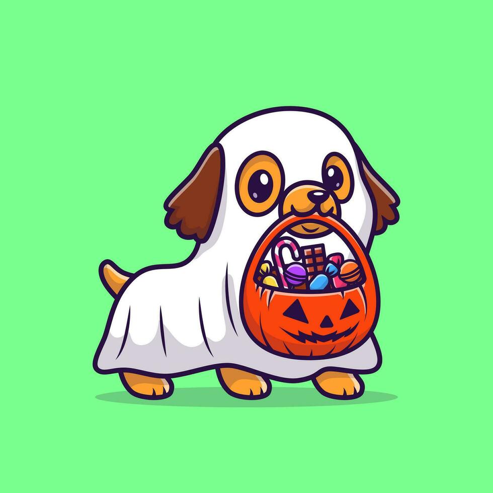 linda fantasma perro con calabaza Víspera de Todos los Santos dibujos animados vectoricono ilustración. animal fiesta icono concepto aislado prima vector. plano dibujos animados estilo vector