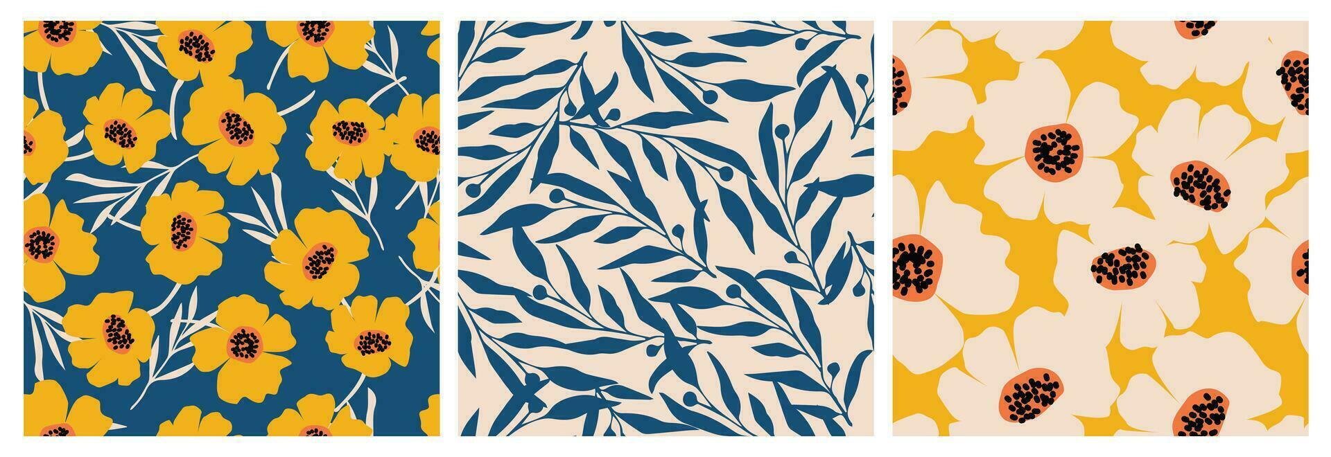 Set of hand drawn flowers, seamless patterns with floral for fabric, textiles, clothing, wrapping paper, cover, banner, interior decor, abstract backgrounds. vector